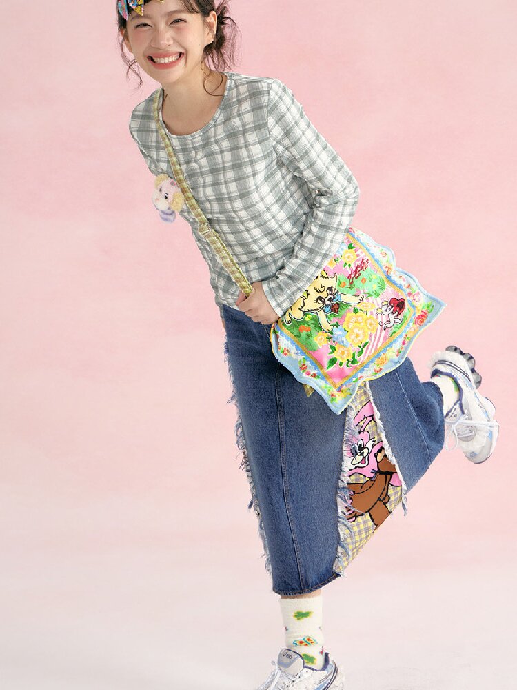 Yellow Plaid Handkerchief Kitten Crossbody Bag【s0000019248】