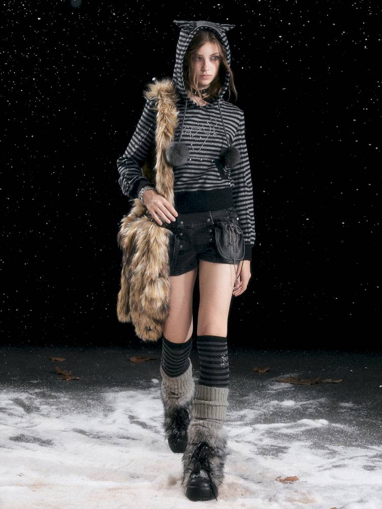 Striped Cat-Ear Hoodie【s0000014425】