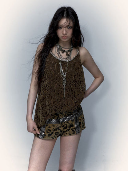 Slouchy Old Hollowed Out Loose Flocked Lace Vest [s0000008134]