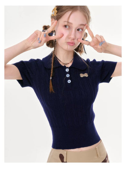 Twist Doll Collar Knitted T-Shirt【s0000016611】