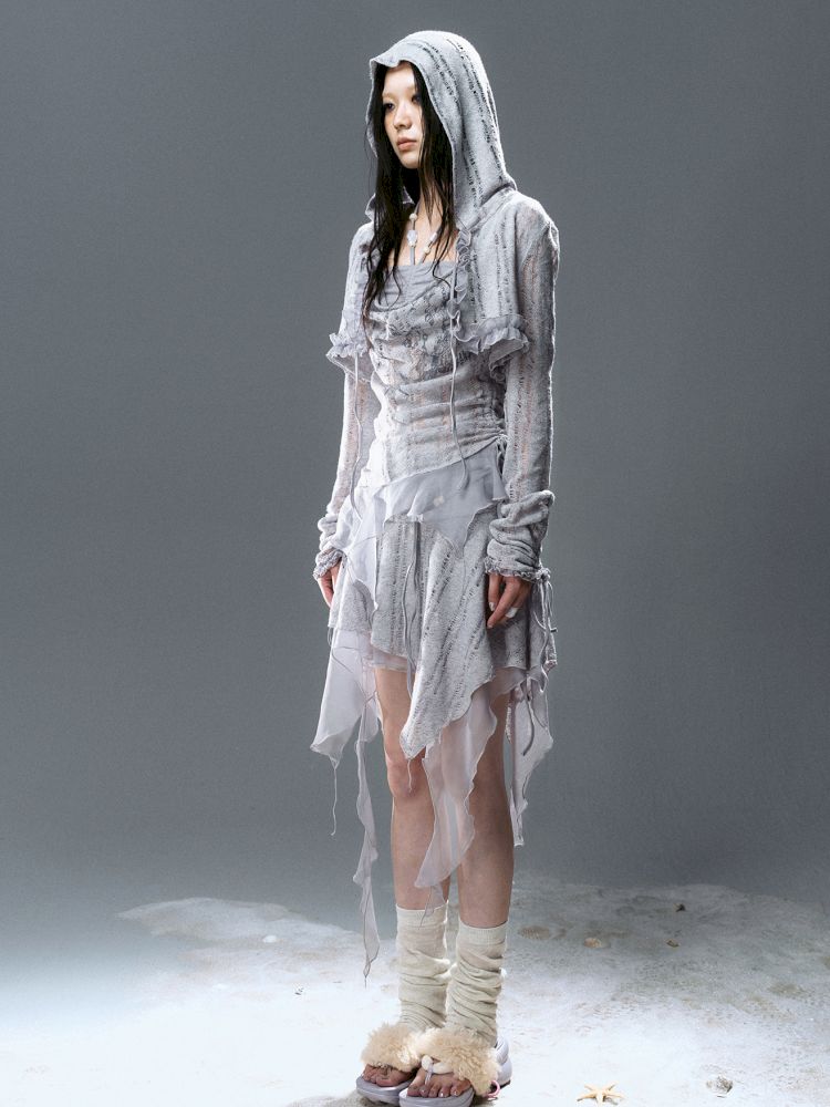 Ruffle Misty Blue Hooded Tunic【s0000012642】