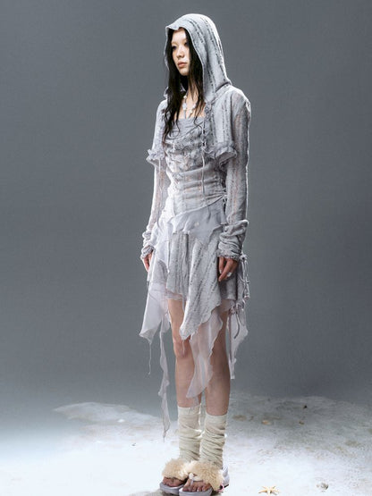 Ruffle Misty Blue Hooded Tunic【s0000012642】