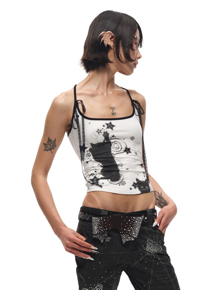 Black Cat Print Camisole【s0000012585】