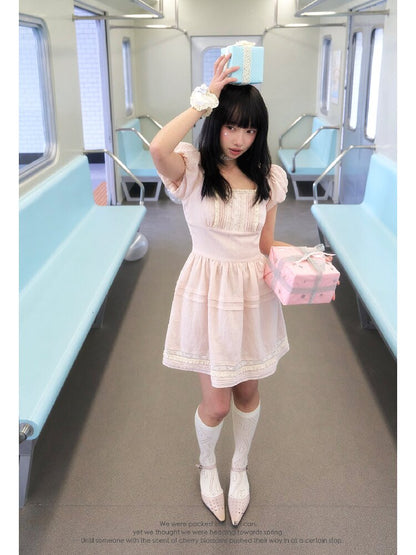 Pink Cotton Lace Bud Sleeve Dress【s0000016361】