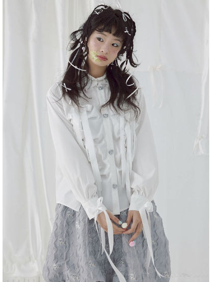 Bow Ribbon Pleated Cute Metal Button Blouse【s0000004650】