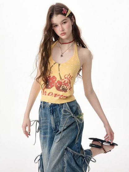 Wave Cherry Print Cropped Top Tank【s0000017304】