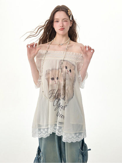 Lace Patchwork Cat Print T-Shirt【s0000017303】