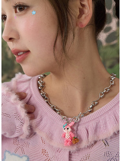 Handmade Pink Beaded Bunny Necklace【s0000016188】