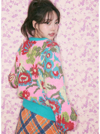 Pink Green Flower Knitted Sweater【s0000015370】