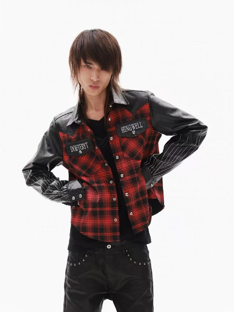 Embroidery Slogan Plaid Leather Jacket【s0000018353】