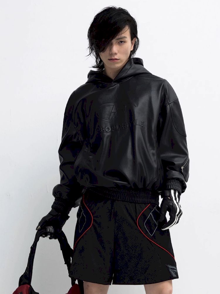 PU Leather Black Hooded Sweatshirt【s0000011348】