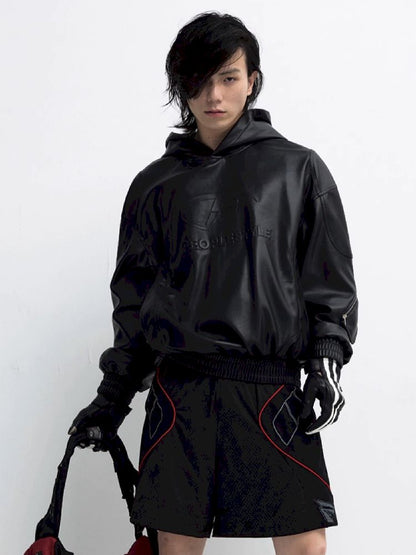 PU Leather Black Hooded Sweatshirt【s0000011348】