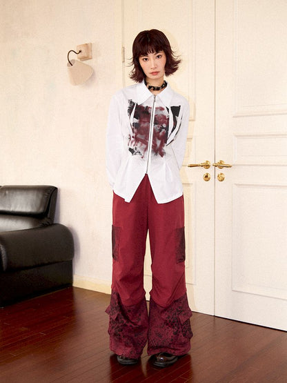 Drop Shoulder Waisted Printed Long Sleeve Shirt【s0000011641】