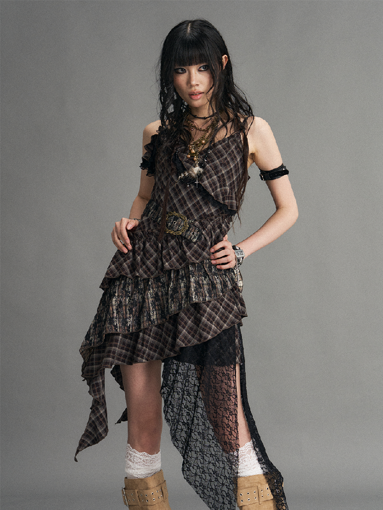 Vintage Patchwork Lace Plaid Dress【s0000017532】