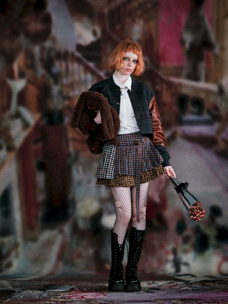 Three-color plaid splicing pleated skirt【s0000005411】