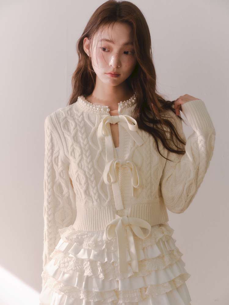 Crochet-Tied Bow Short Knit Cardigan【s0000014611】