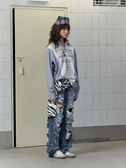 Patchwork Blue Striped Sleeve Shirt【s0000014199】