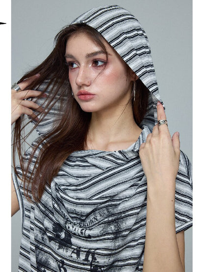 Striped Hooded Printed T-Shirt【s0000016688】