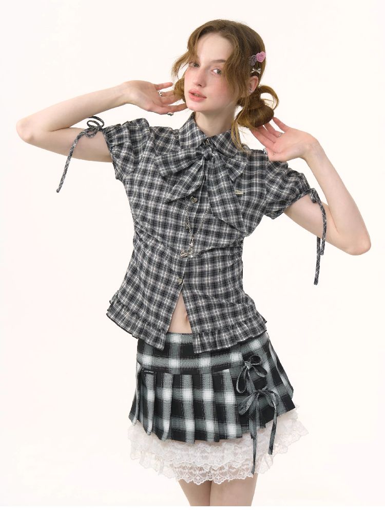 Doll Collar Bow Plaid Short Sleeve Shirt【s0000012264】