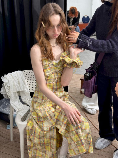 Grid Tie-Dye Split Sling Dress【s0000012258】