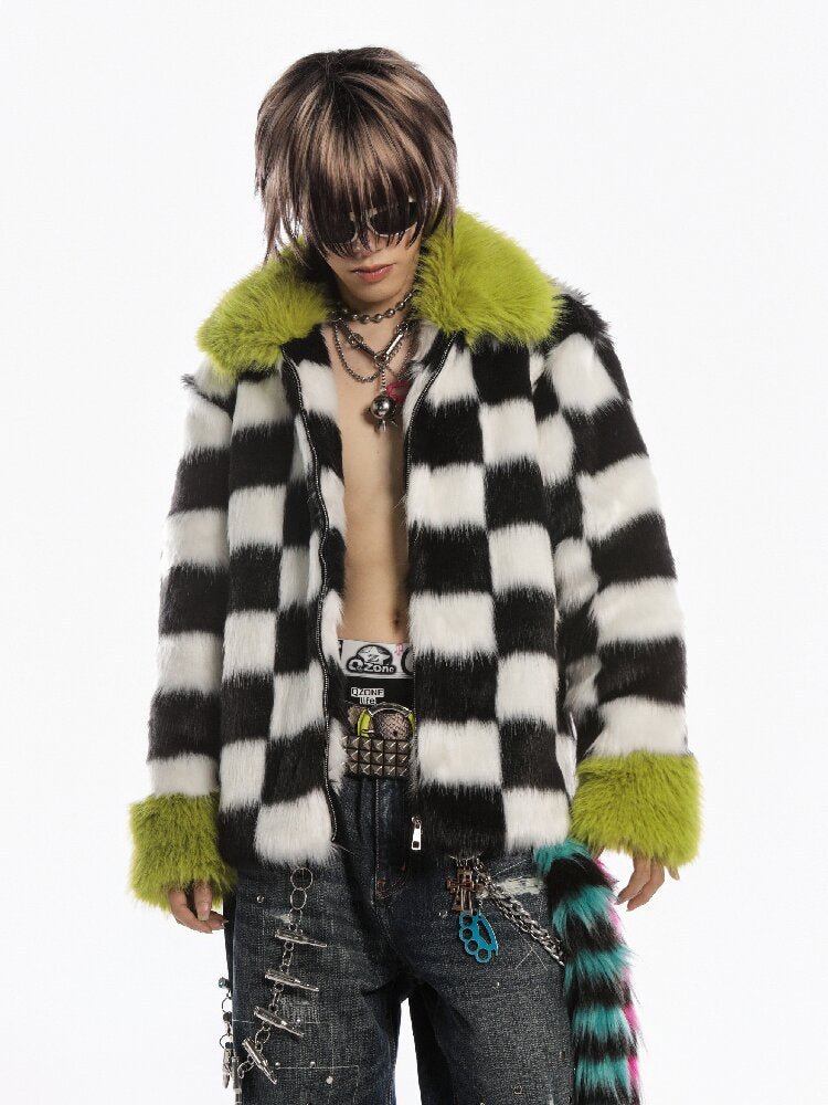 Checkerboard Patchwork Faux Coat【s0000019278】