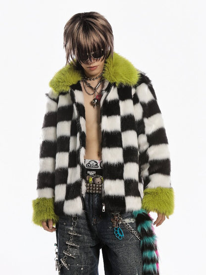 Checkerboard Patchwork Faux Coat【s0000019278】