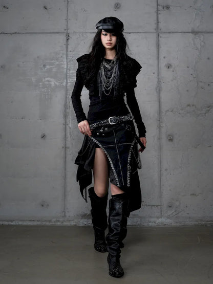 Asymmetric Leather-Satin Skirt【s0000013944】