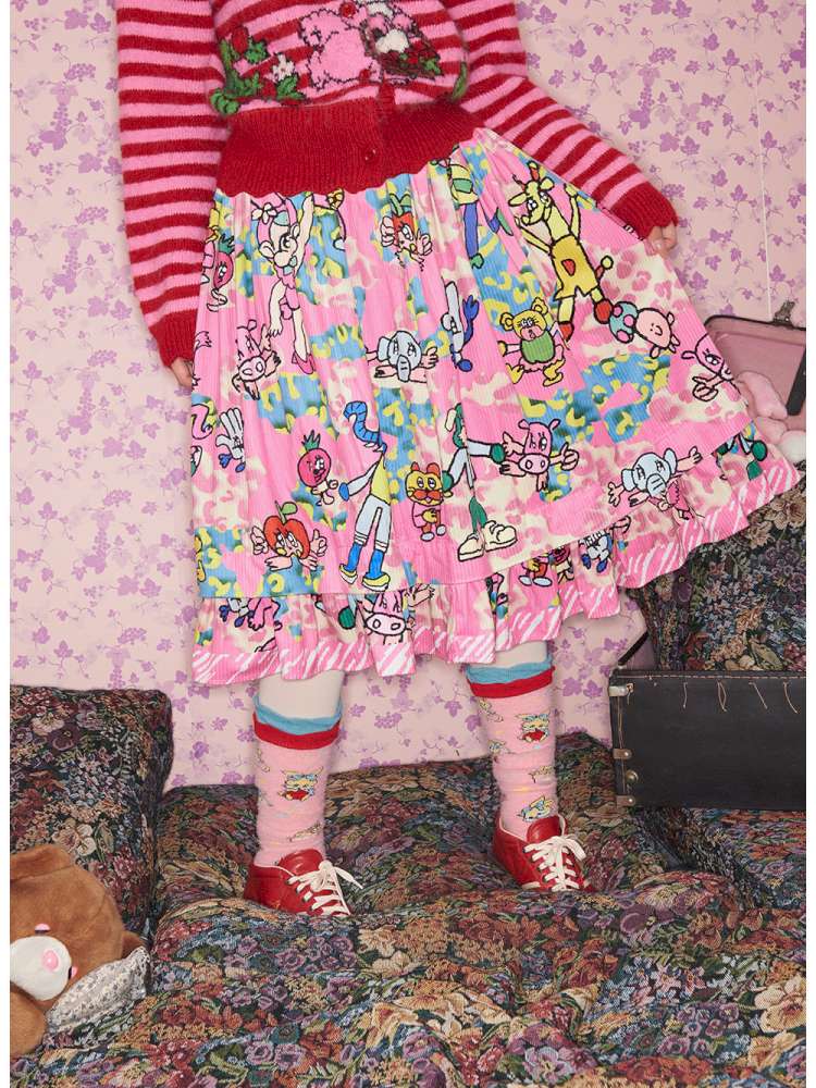 Pink Animal Illustration Skirt【s0000015372】
