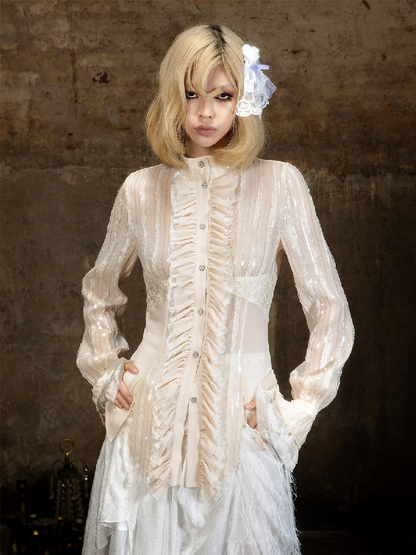 Lace Sequin Patchwork Court Shirt【s0000018382】