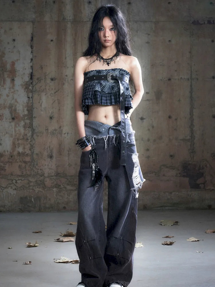 Distressed Wide-Leg Jeans【s0000013958】
