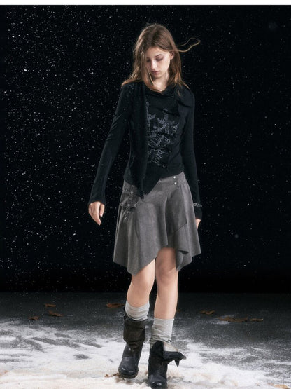 Mottled Graffiti Pleated Knit Top【s0000015552】