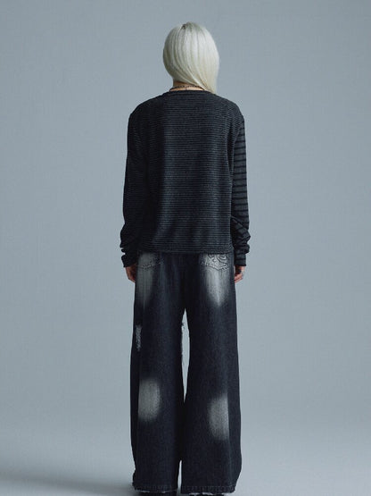 Black-Gray Striped Rivet Top【s0000018549】
