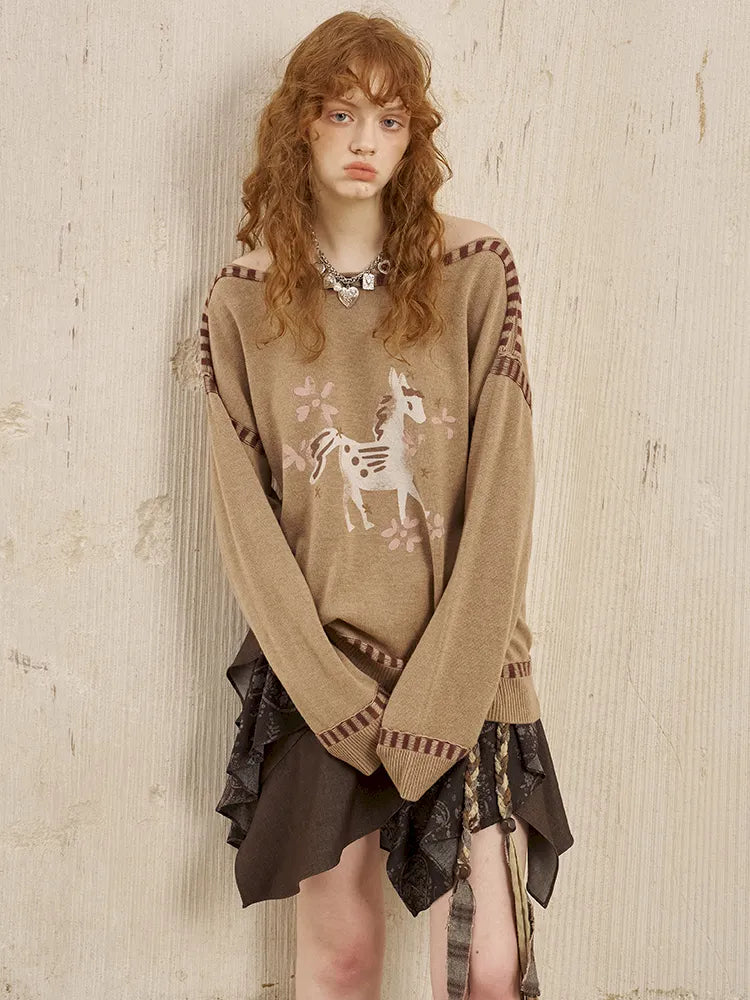 Off-the-shoulder poncho print knit sweater【s0000014063】