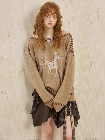 Off-the-shoulder poncho print knit sweater【s0000014063】