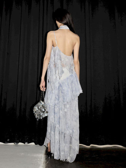 Aqua Blue Irregular Halter Dress【s0000013211】