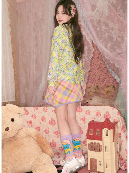 Green Patch Butterfly Floral Plaid Shirt【s0000014819】