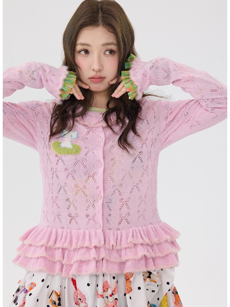 Pink Lace Bow Cut Out Knit Cardigan【s0000016196】