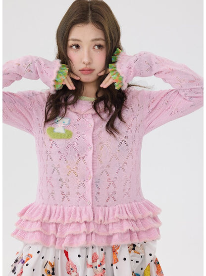Pink Lace Bow Cut Out Knit Cardigan【s0000016196】