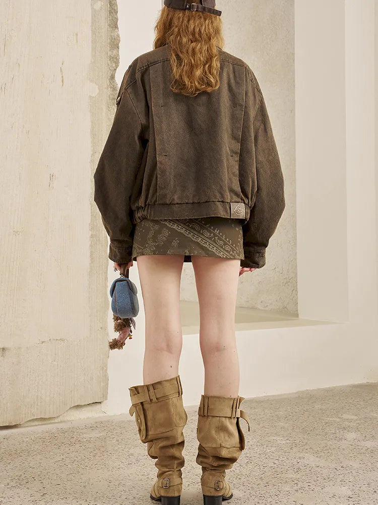 Padded Collar Patchwork Washed Denim Jacket【s0000014069】