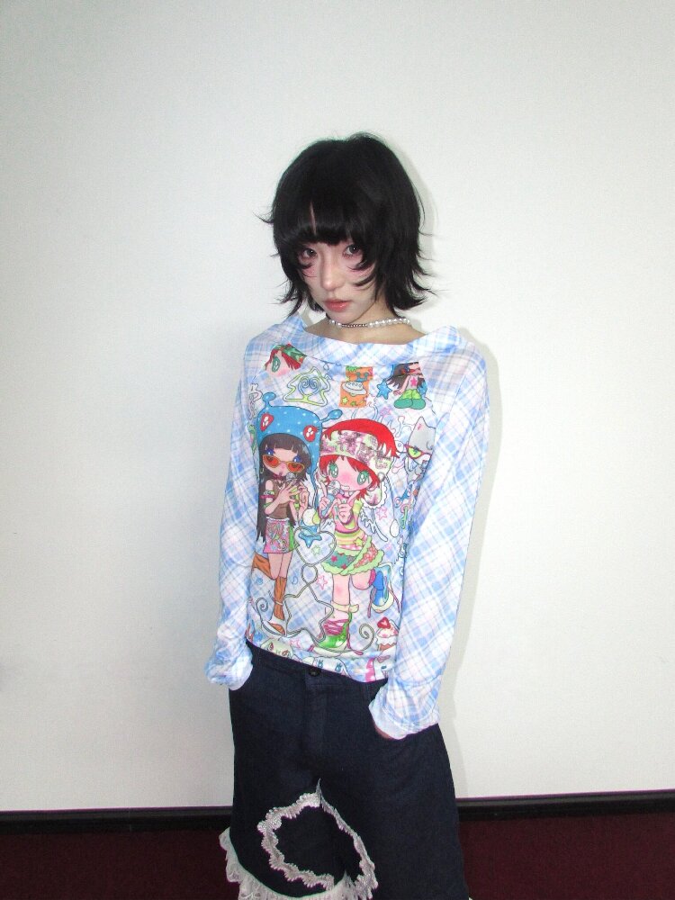 Check Stretch Mesh Long Sleeve Top【s0000018654】
