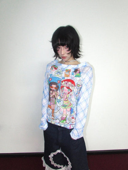 Check Stretch Mesh Long Sleeve Top【s0000018654】