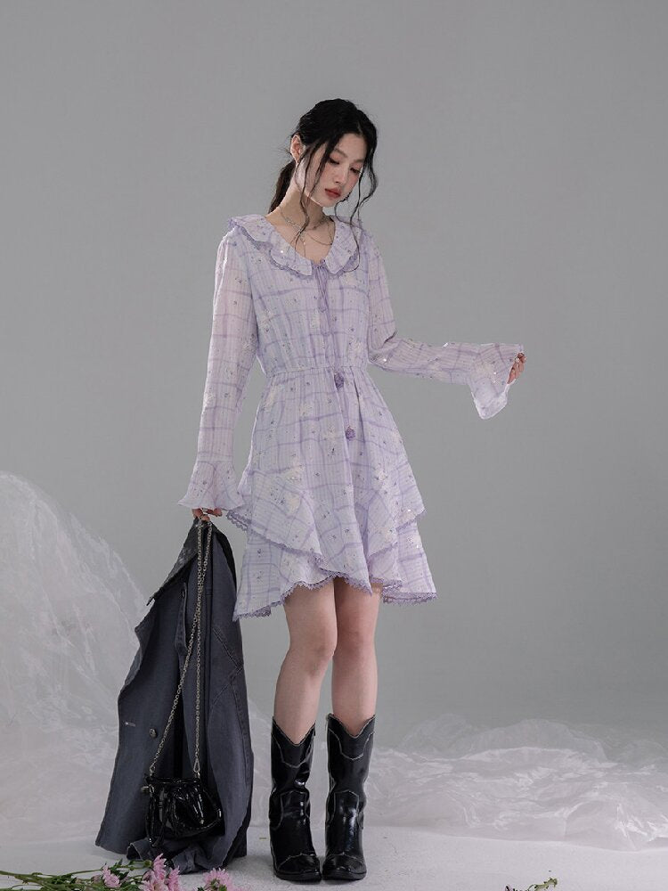Purple Butterfly Print Ruffled Dress【s0000015739】