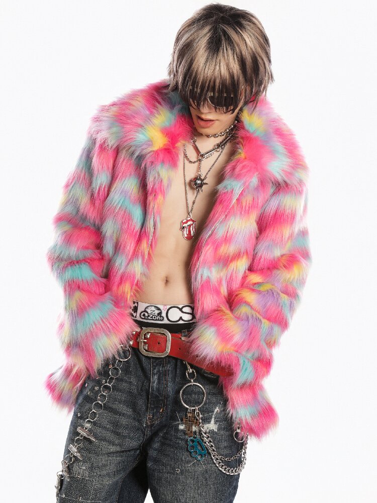 Rainbow Colorful Faux Fur Coat【s0000019281】