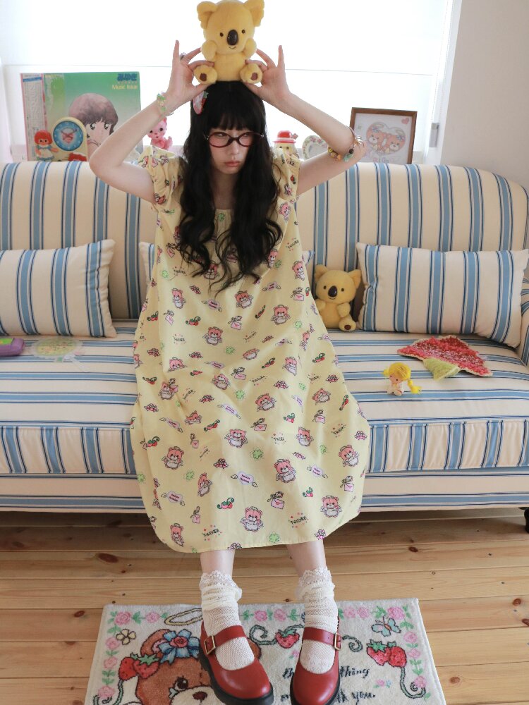 Bear Print Puff Sleeve Long Dress【s0000017512】