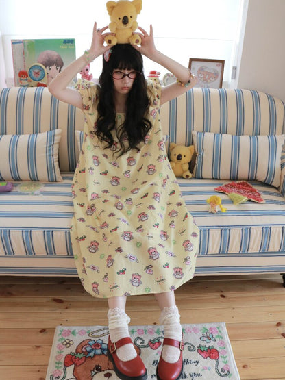 Bear Print Puff Sleeve Long Dress【s0000017512】