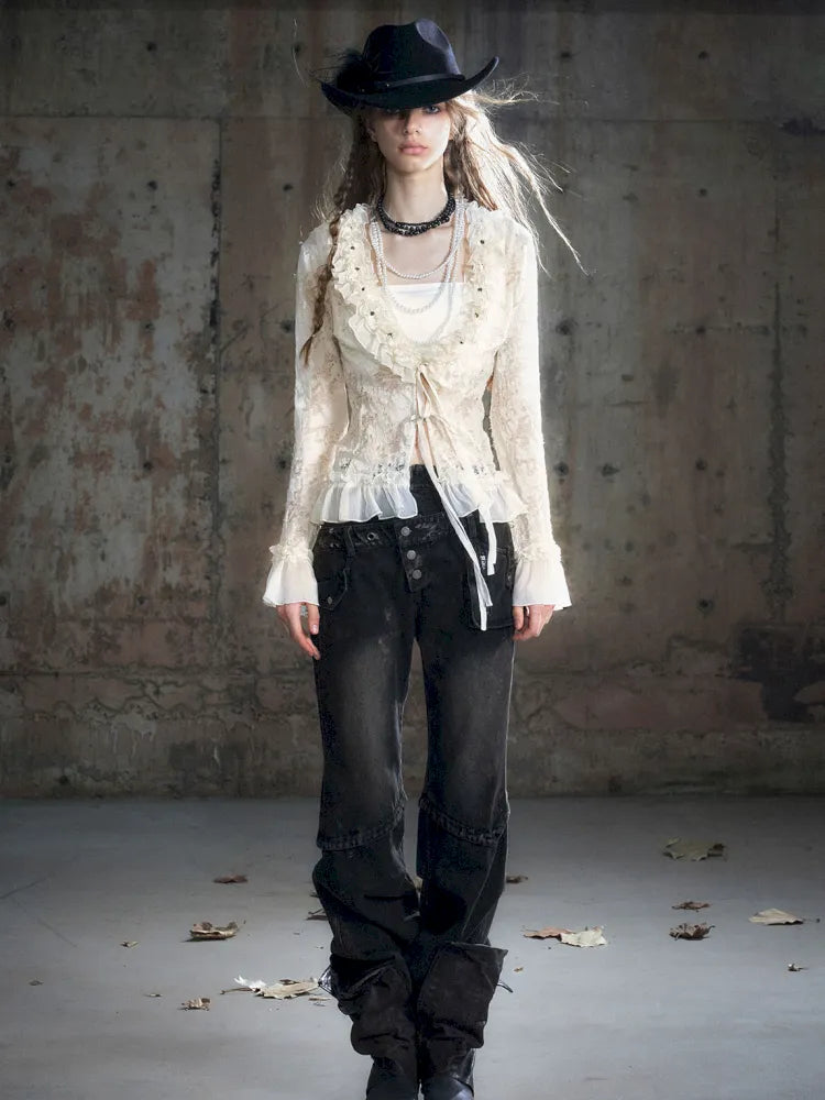 Patchwork Distressed Low-Rise Jeans【s0000013966】