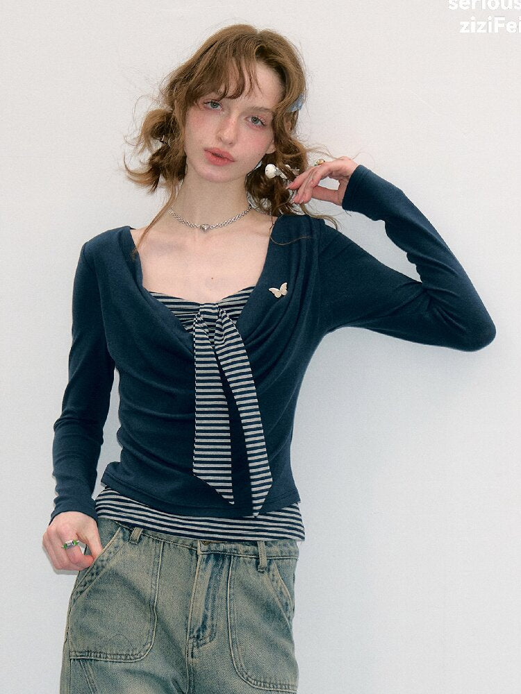 Striped Tie Knit Top Long Sleeve【s0000017880】