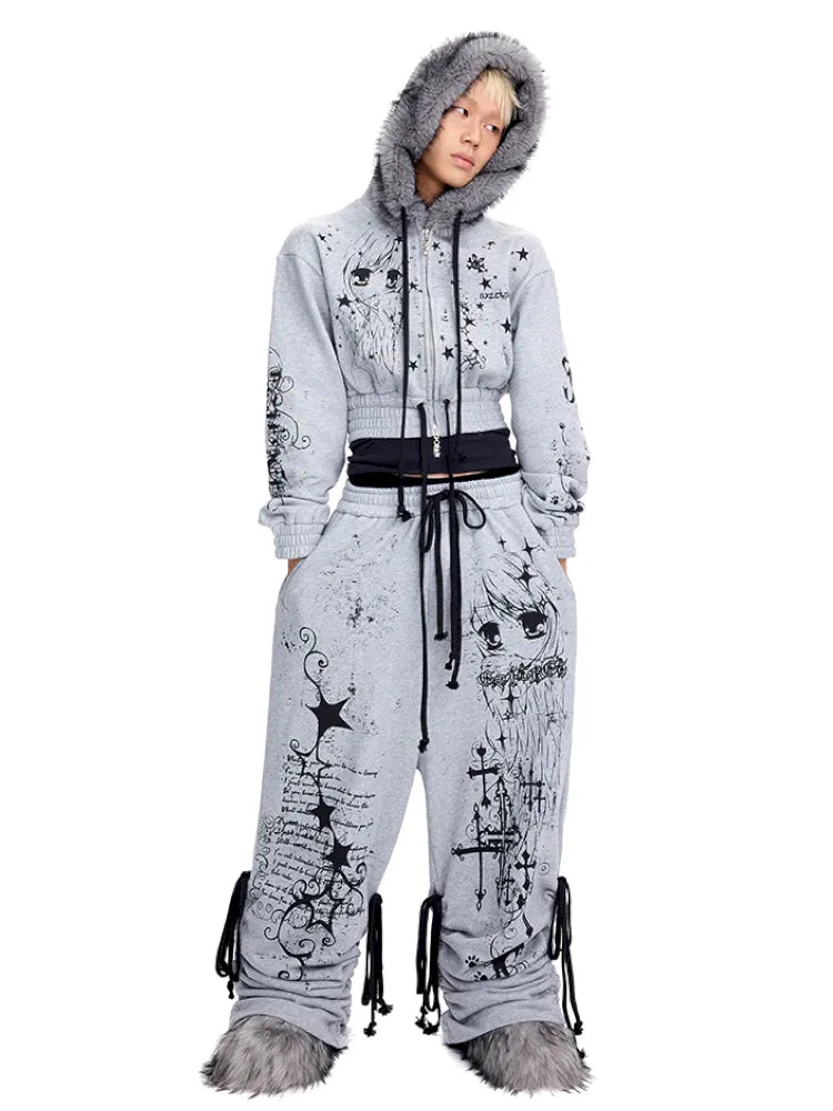 Doodle Print Puffy Drawstring Sweatpants【s0000014092】