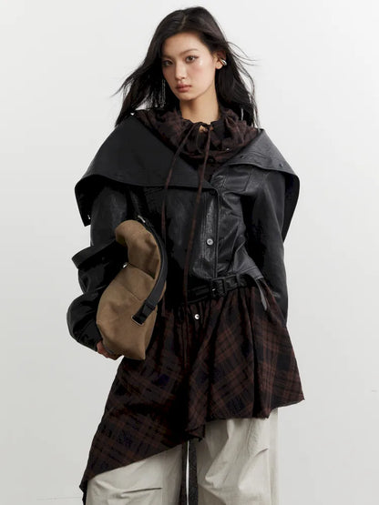 Plaid Apron Spliced Faux Leather PU Jacket【s0000014037】