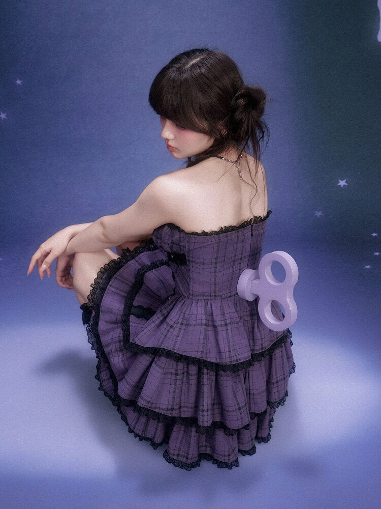 Purple Plaid Bandeau Cake Dress【s0000015757】